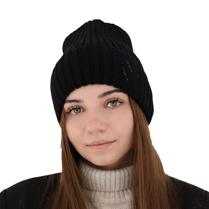 Bonnet d'hiver femme, noir, avec laine mérinos, Ariga