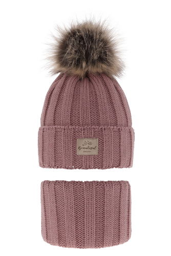 Ensemble d'hiver fille: bonnet et snood, violet, avec pompon, Kaliope