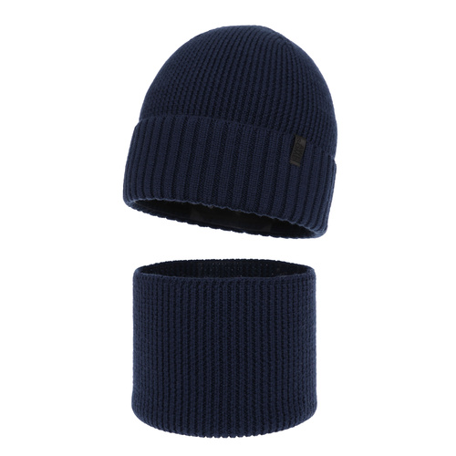 Jongens winter set: muts en buissjaal, 100% Merino Wol, gevoerd met merinowol, marineblauw Harbin