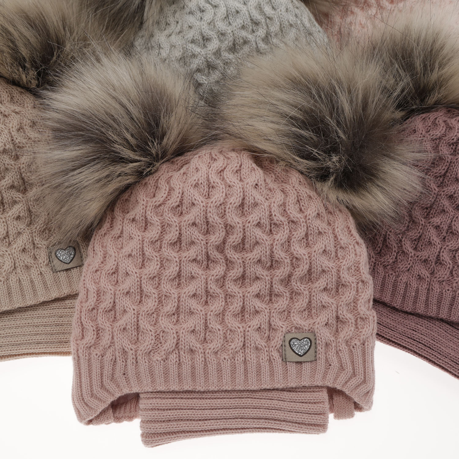 Ensemble d'hiver fille: bonnet et snood, beige, avec deux pompons, avec liens, Poliana