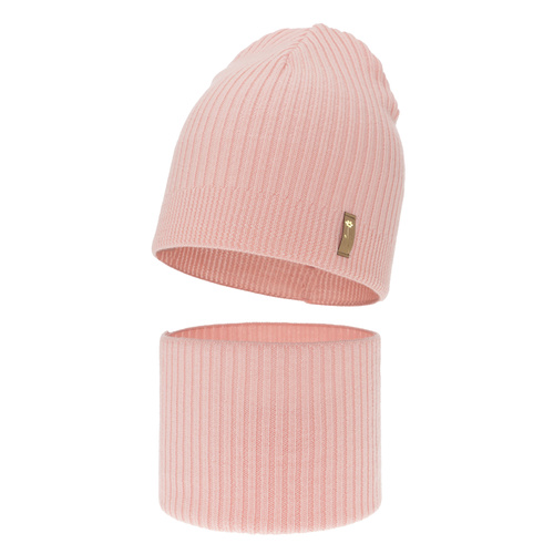 Ensemble automne/printemps fille: bonnet et snood, rose, avec laine mérinos, Chelsie