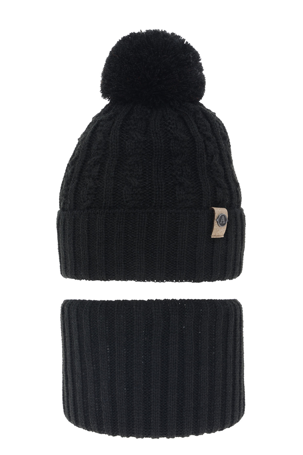 Ensemble d'hiver garçon: bonnet et snood, noir, avec pompon, Almond