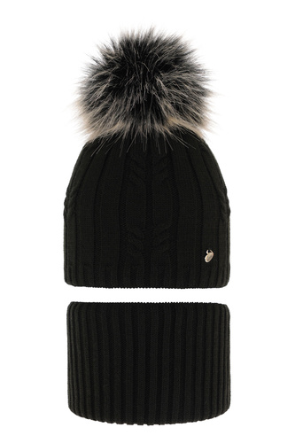 Ensemble d'hiver fille: bonnet et snood, noir, avec pompon, Amaltea