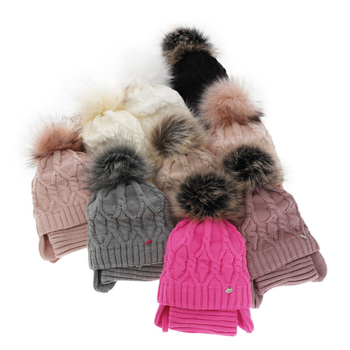 Meisjes winter set muts en buissjaal, kremowy, met garen pompon, Elena