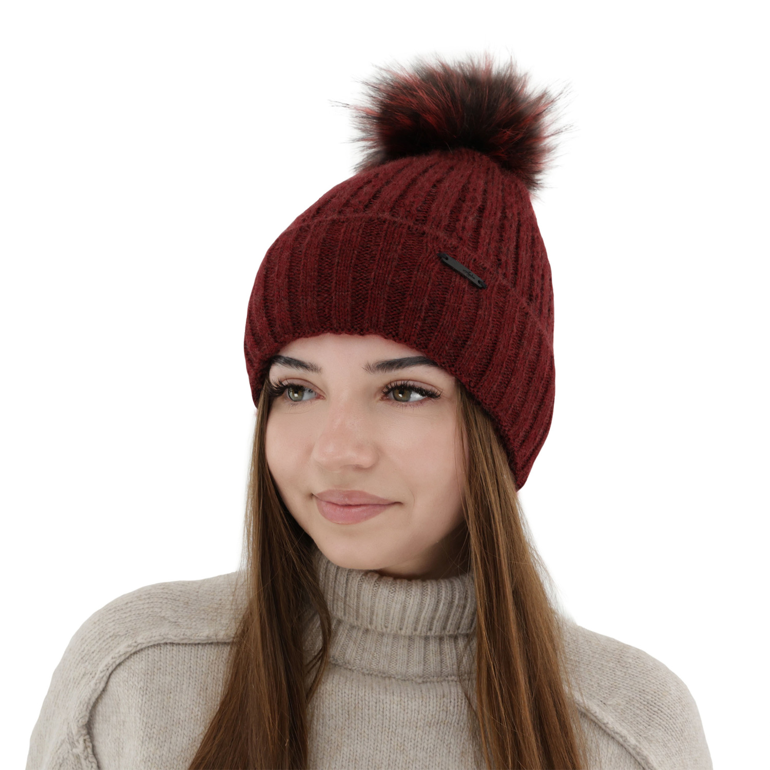 Bonnet d'hiver femme, rose, avec pompon, Karizma