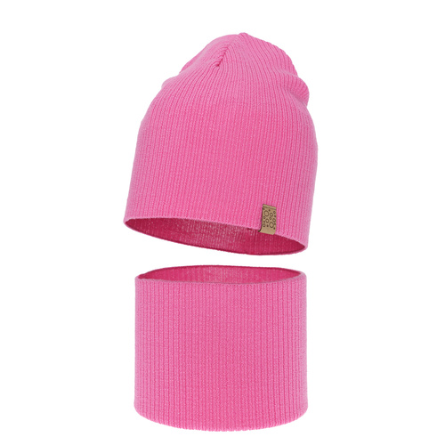 Ensemble automne/printemps fille: bonnet et snood, rose, avec laine mérinos, Ricona