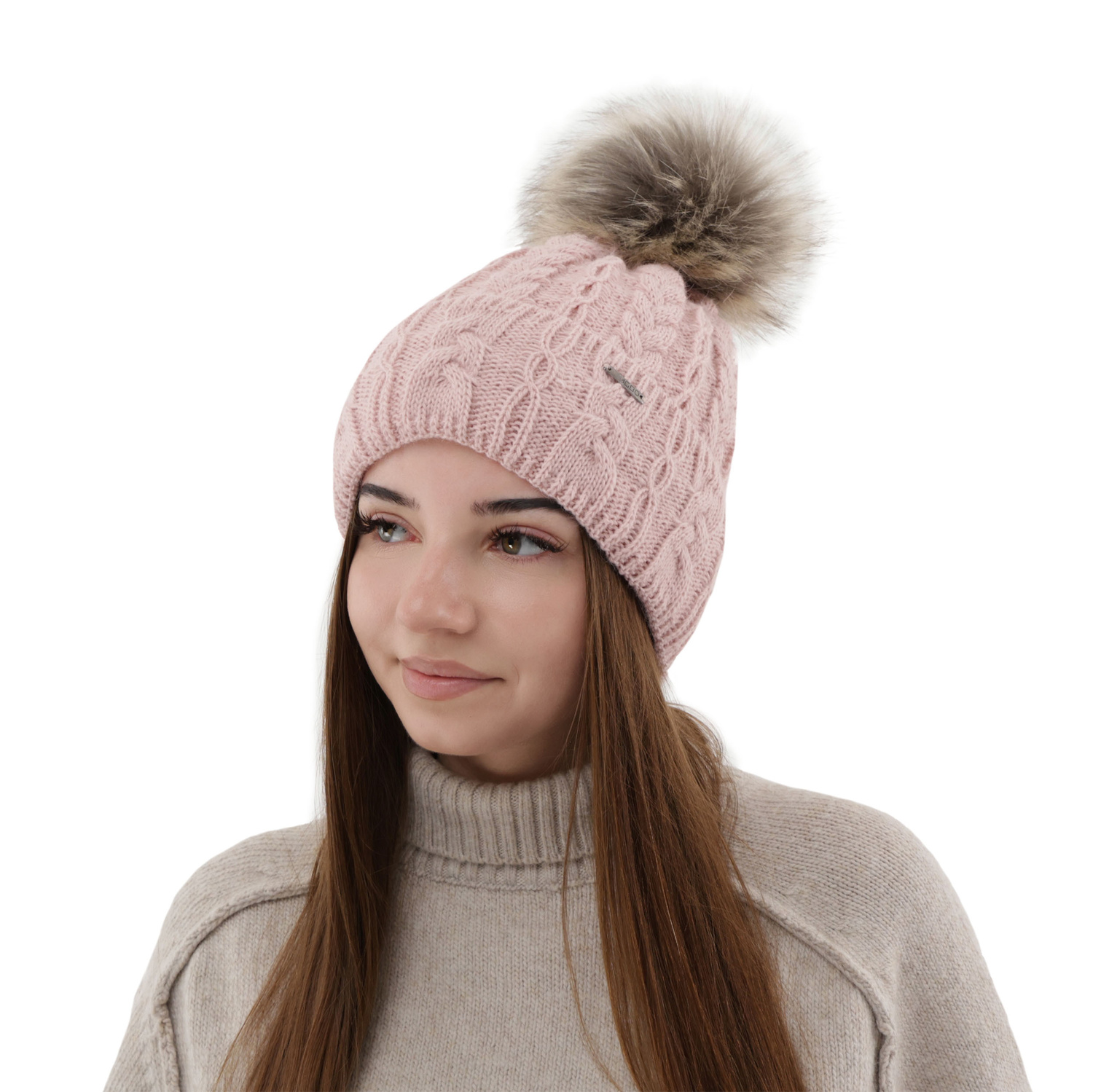Bonnet d'hiver femme, camel, avec pompon, Omega