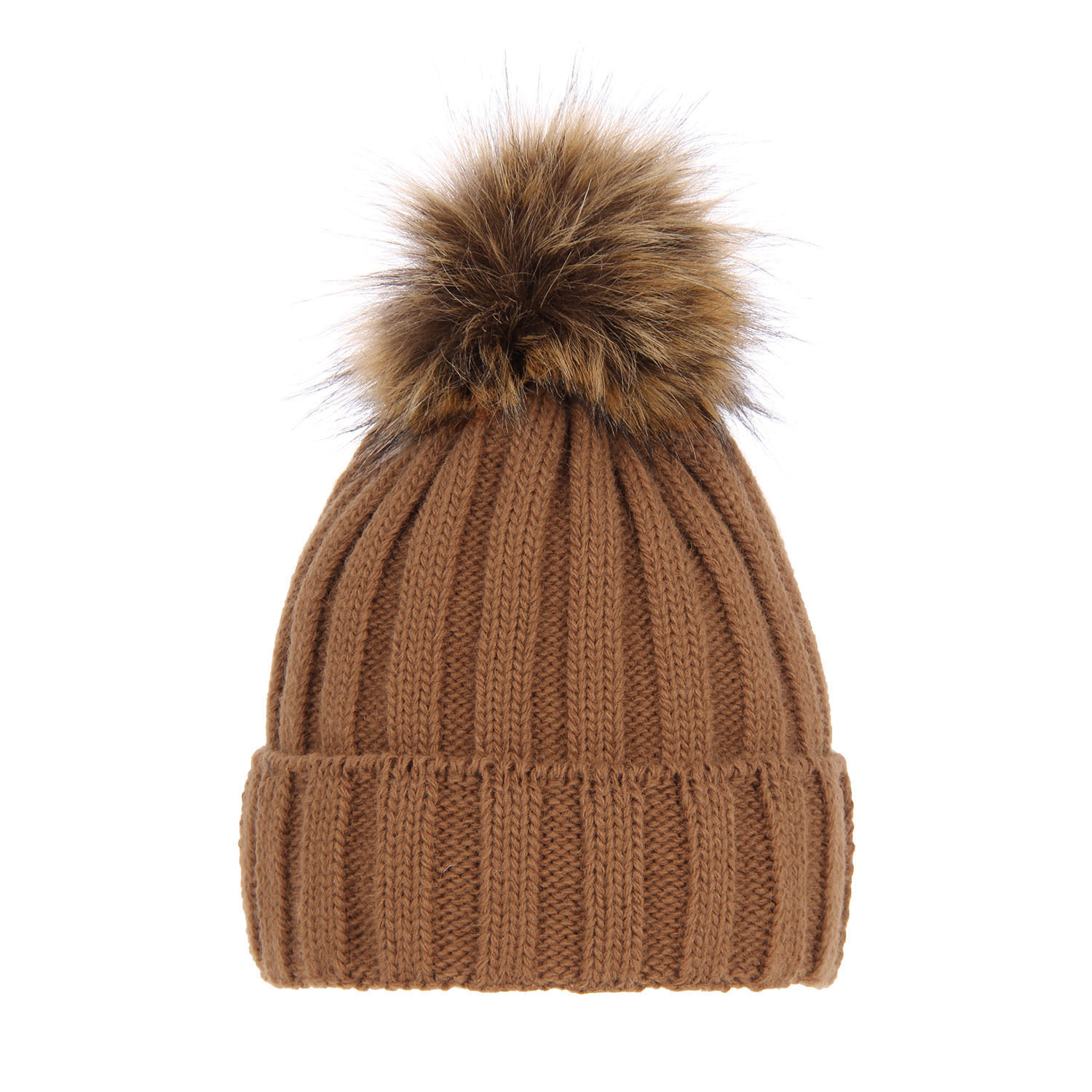Dames wintermuts, camel, met garen pompon, Mokka