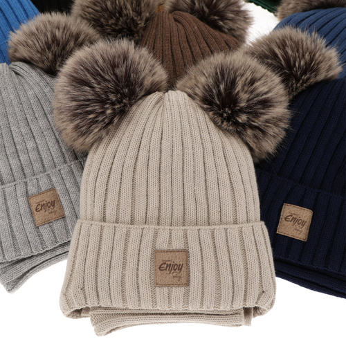 Ensemble d'hiver garçon: bonnet et snood, noir, avec deux pompons, avec liens, Orange