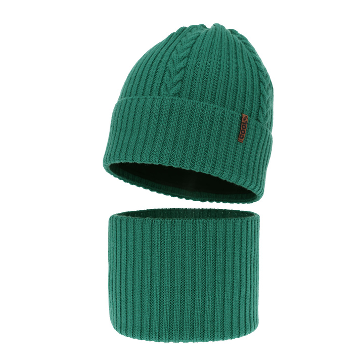 Ensemble d'hiver garçon: bonnet et snood, vert, avec laine mérinos, Wilson