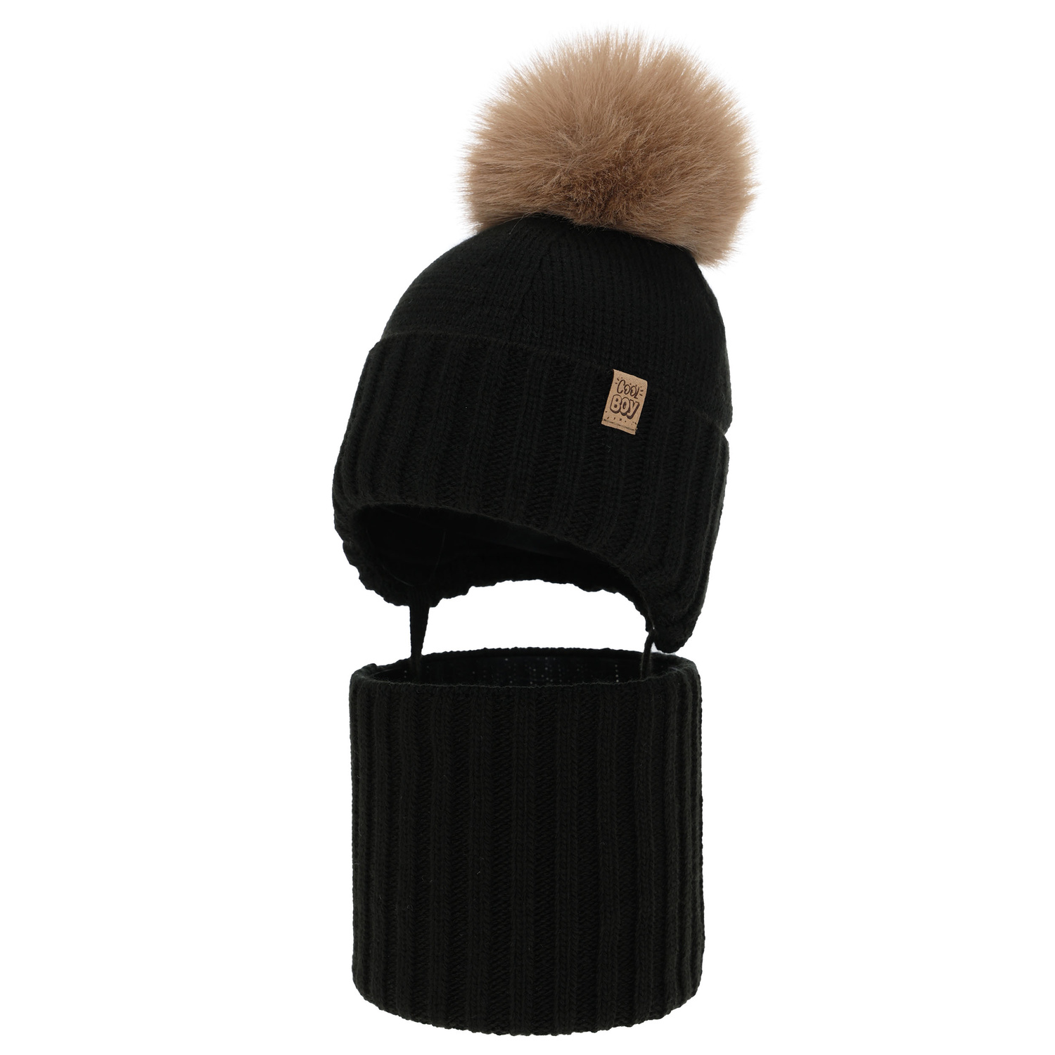 Ensemble d'hiver garçon: bonnet et snood, noir, avec pompon, Talens