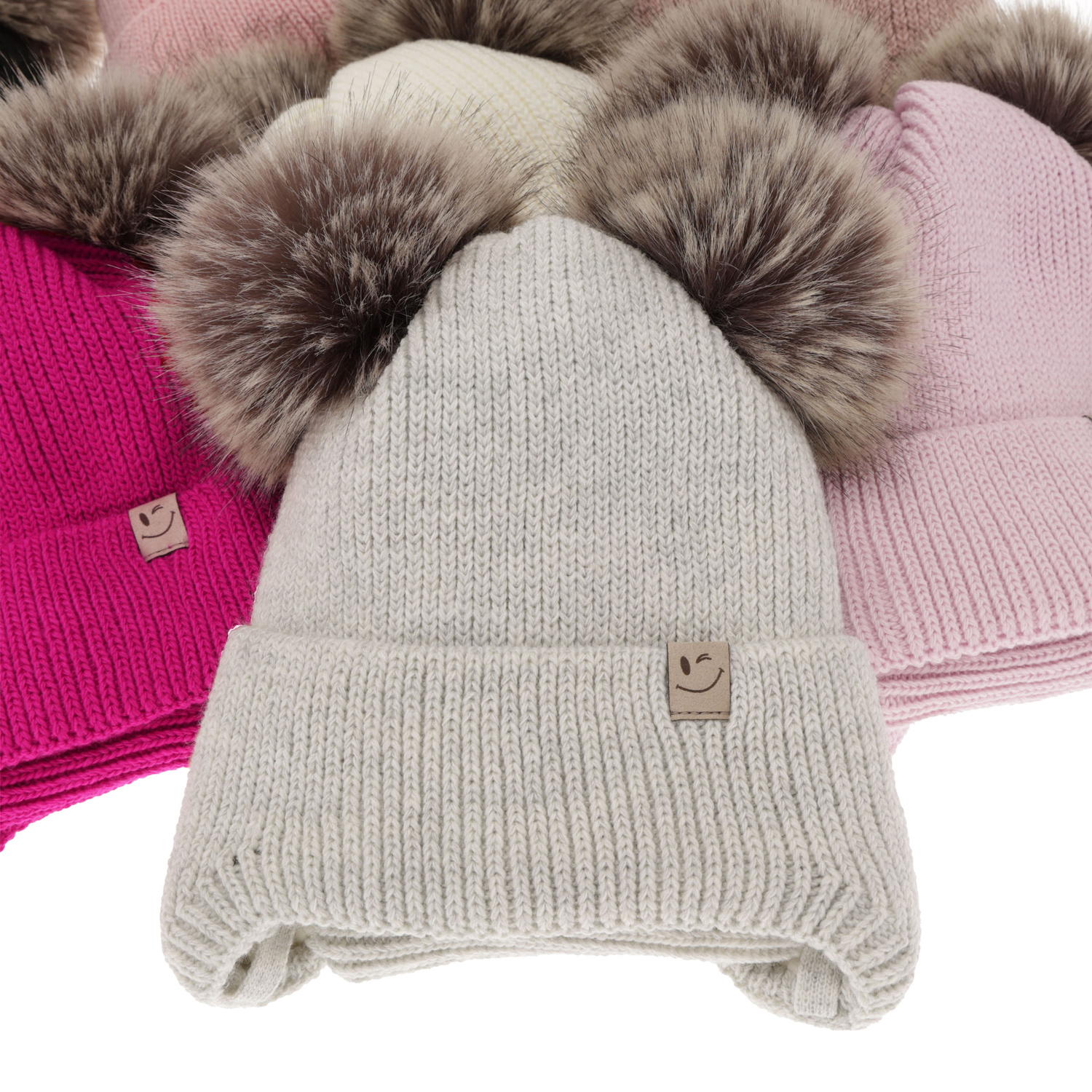 Ensemble d'hiver fille: bonnet et snood, blanc, avec deux pompons, avec liens, Zori