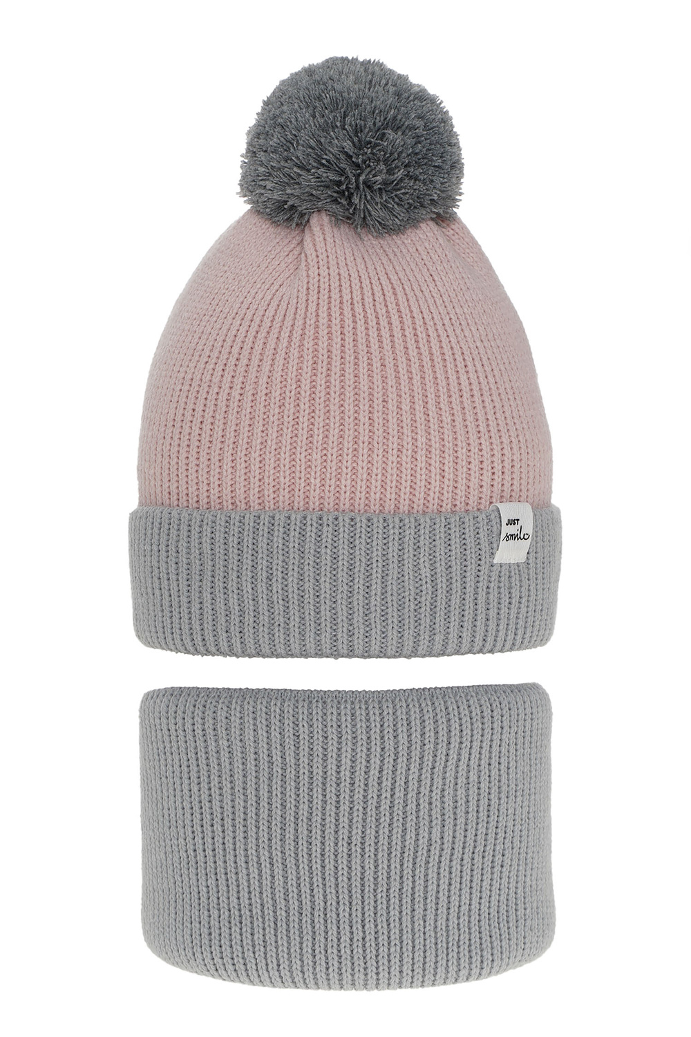 Meisjes winter set muts en buissjaal, grijs, met garen pompon, Rosalin