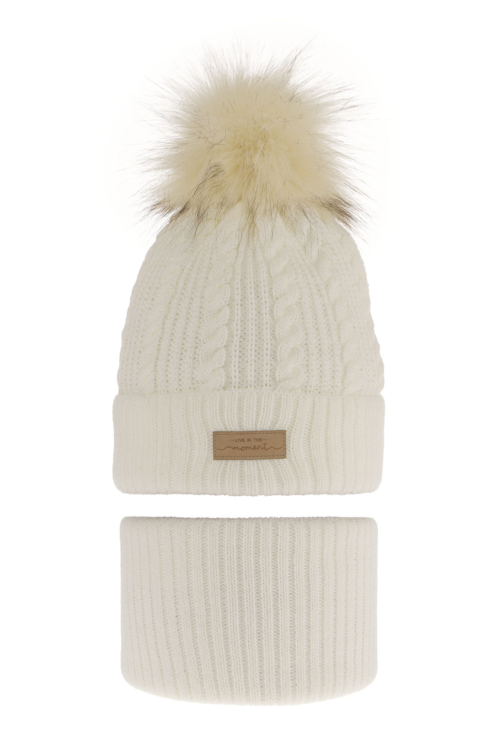 Ensemble d'hiver fille: bonnet et snood, crème, avec pompon, Alika