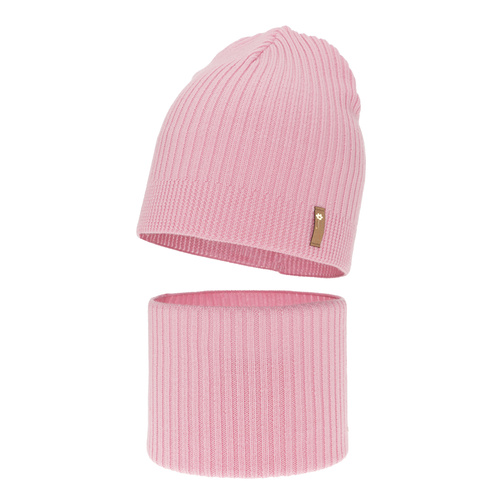 Ensemble automne/printemps fille: bonnet et snood, rose, avec laine mérinos, Chelsie