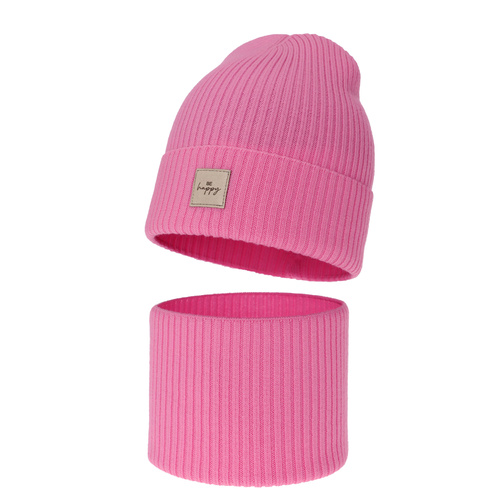 Ensemble automne/printemps fille: bonnet et snood, rose, avec laine mérinos, Vanita