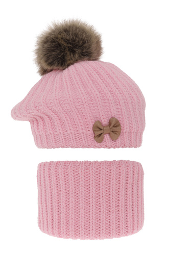 Ensemble d'hiver fille: beret et snood, rose, avec pompon, Polinezja