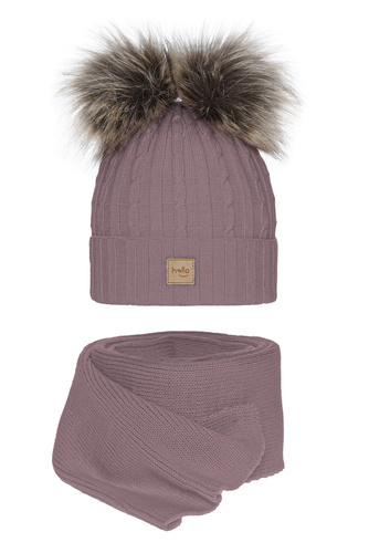Ensemble d'hiver fille: bonnet et écharpe, violet, avec deux pompons, Zenda