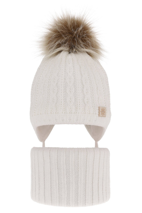 Ensemble d'hiver fille: bonnet et snood, blanc, avec pompon, Passa