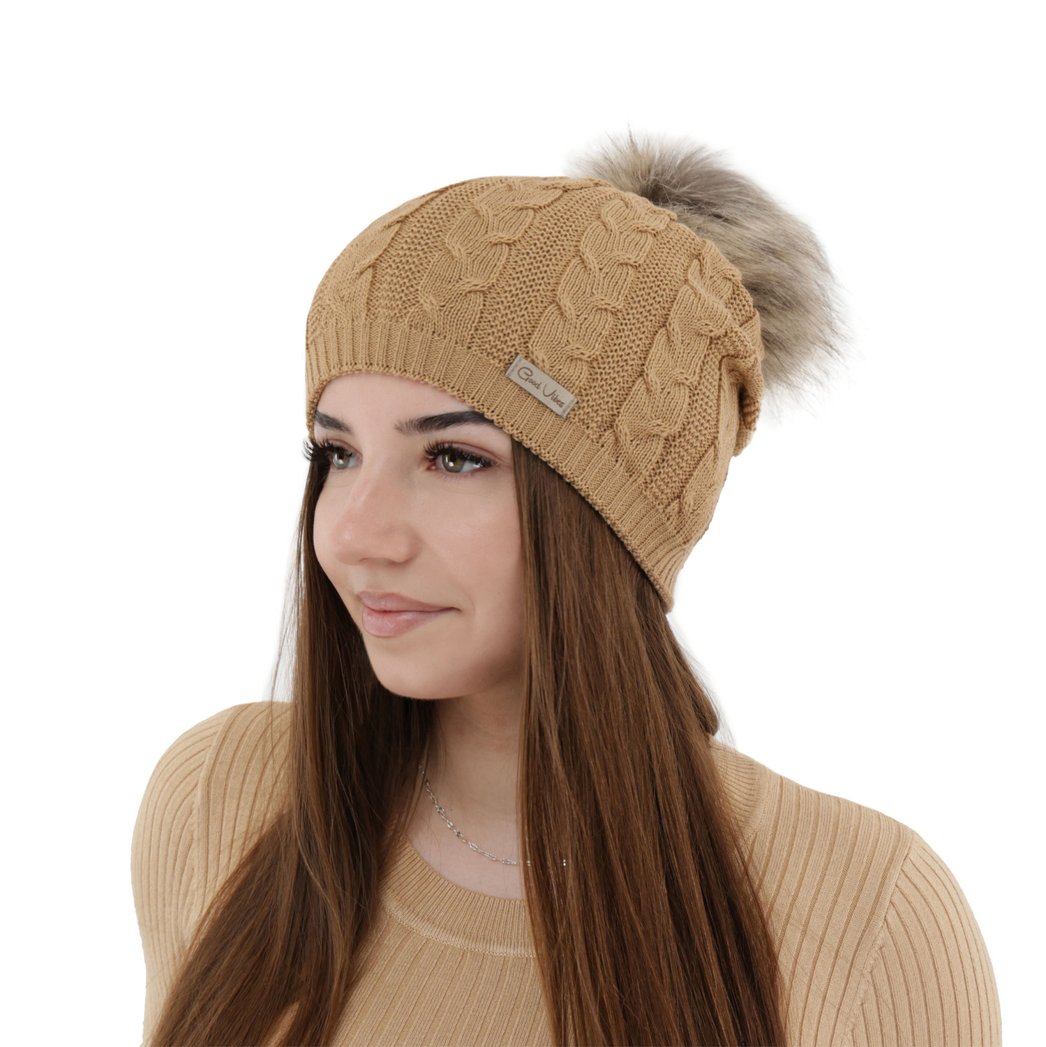 Bonnet d'hiver femme, camel, avec laine mérinos, Bafi