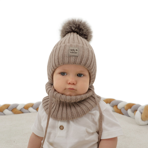 Ensemble d'hiver garçon: bonnet et snood, beige clair, avec liens, avec laine mérinos, doublé de coton, Morti