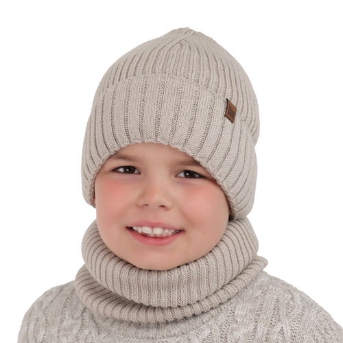 Ensemble d'hiver garçon: bonnet et snood, camel, avec laine mérinos, doublé de polaire, Metis