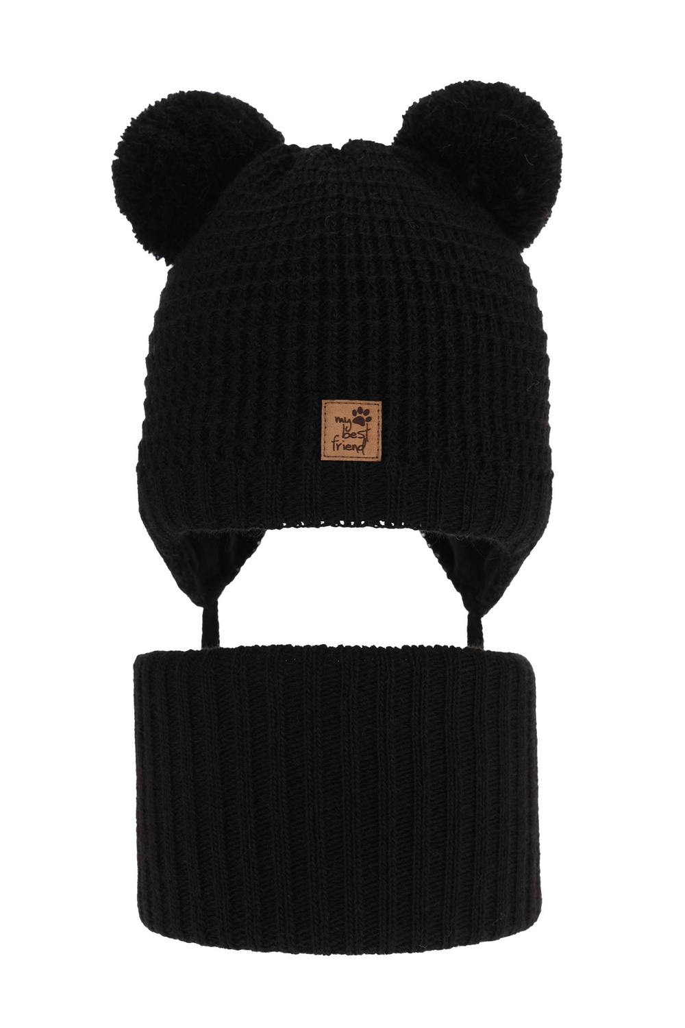 Ensemble d'hiver garçon: bonnet et snood, noir, avec deux pompons, avec liens, Krispi