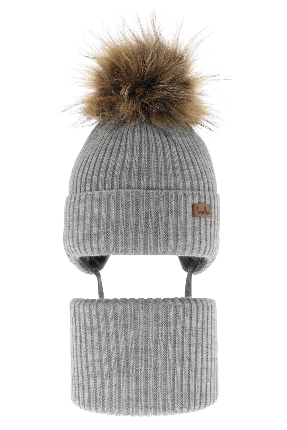 Ensemble d'hiver garçon: bonnet et snood, gris, avec pompon, avec liens, Bergo