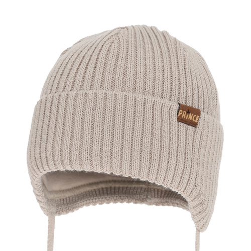 Jongens wintermuts, met bindkoorden, met merinowol, beige, Puser