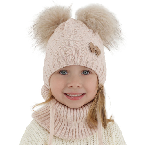 Ensemble d'hiver fille: bonnet et snood, rose, avec deux pompons, avec liens, Bettina