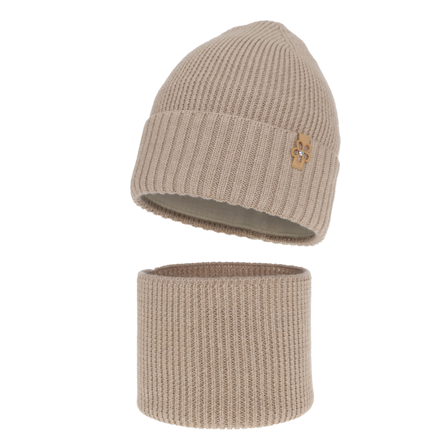 Ensemble d'hiver fille: bonnet et snood, beige, avec laine mérinos, Nelita