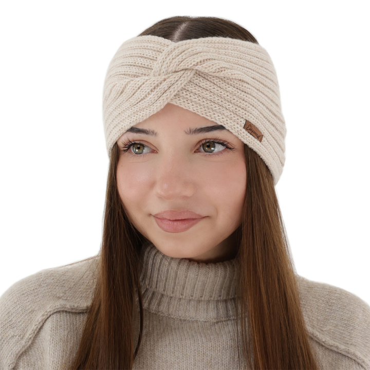 Dames winter hoofdband, lichtbeige, 100% Merino Wol, Veka