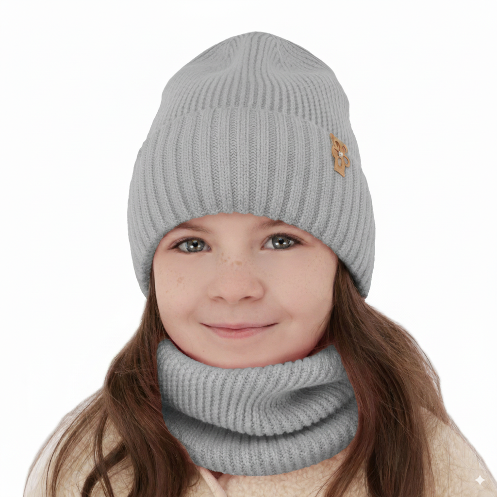 Ensemble d'hiver fille: bonnet et snood, gris, avec laine mérinos, Nelita