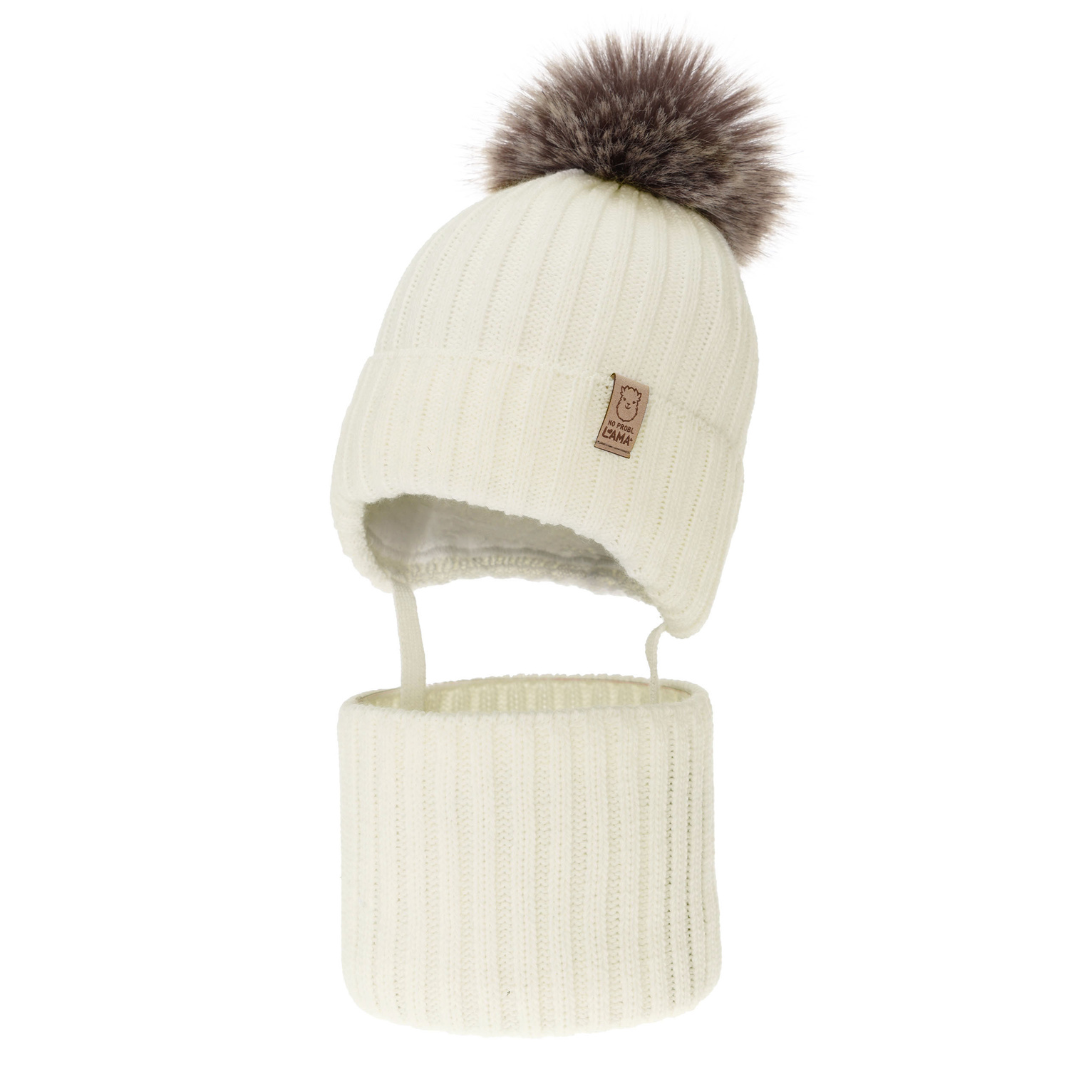 Ensemble d'hiver fille: bonnet et snood, crème, avec pompon, Abigail