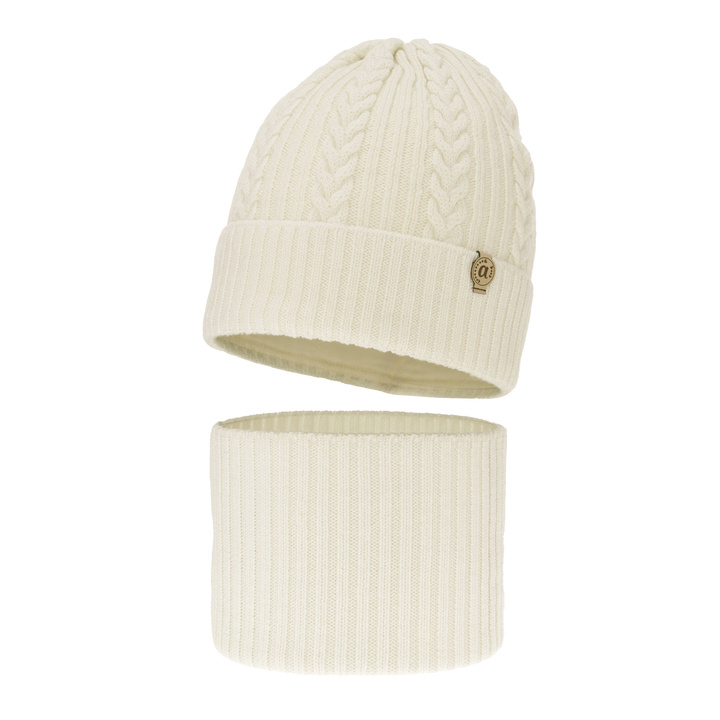 Ensemble d'hiver fille: bonnet et snood, crème, avec laine mérinos, Jenny