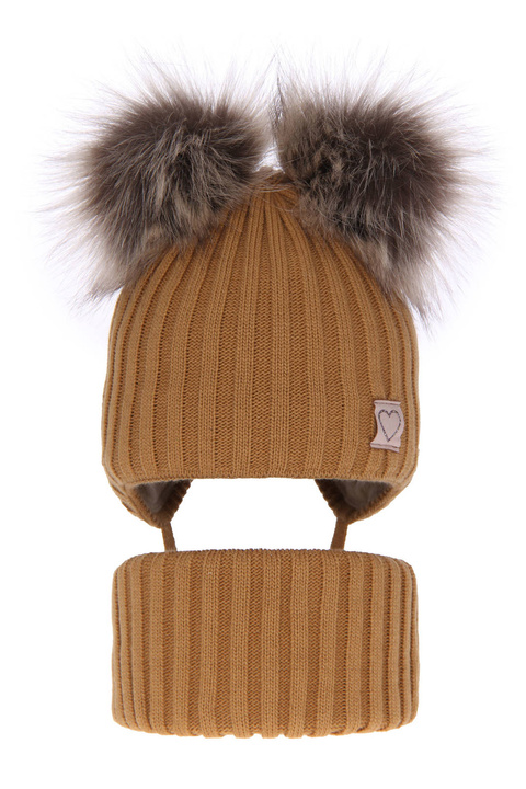 Meisjes winter set muts en buissjaal, camel, met twee pompons, met bindkoorden, Telisa