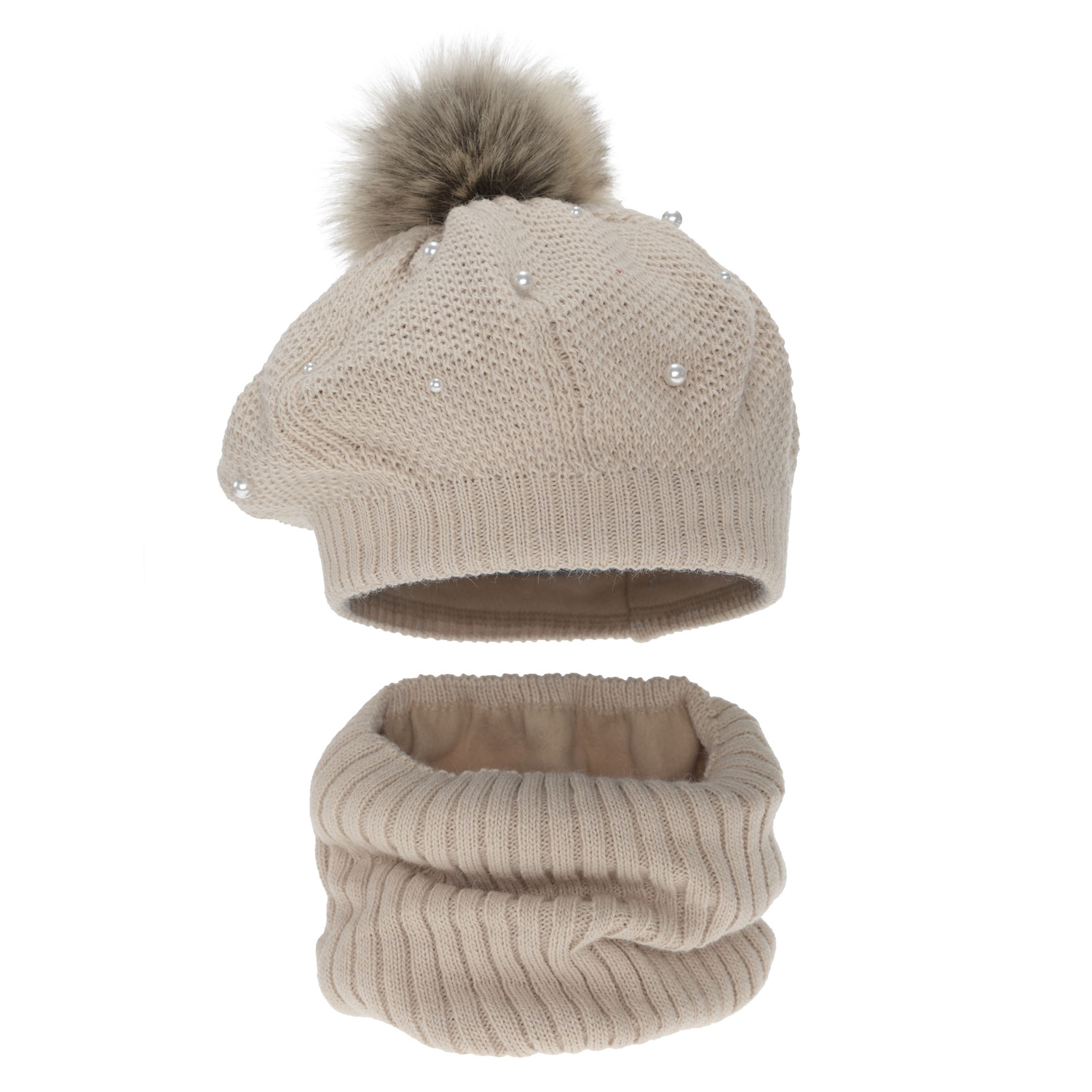 Meisjes winter set: beret en buissjaal, gevoerd met fleece, beige, met pompon, Jeanette