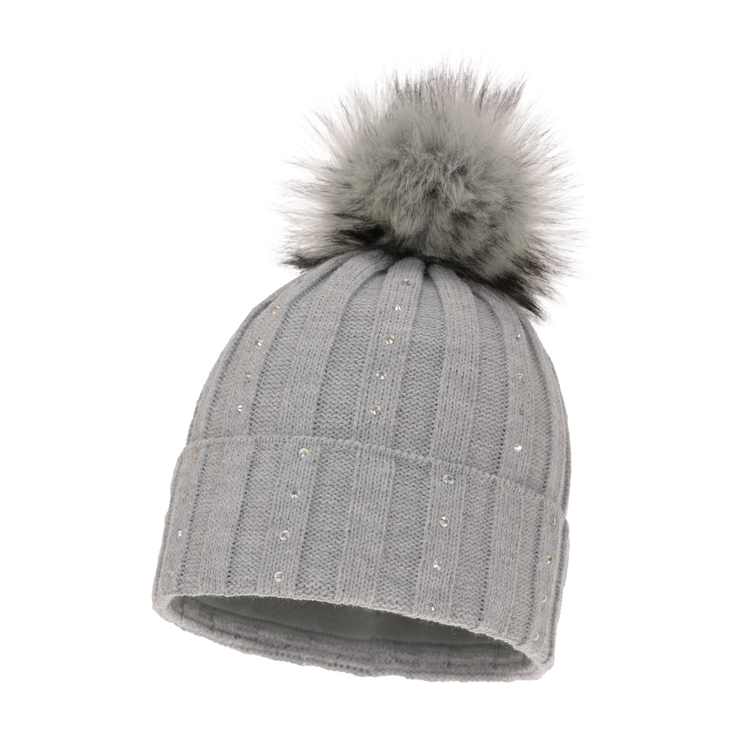 Bonnet d'hiver femme, gris, avec pompon, Mada