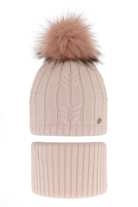 Ensemble d'hiver fille: bonnet et snood, rose, avec pompon, Amaltea