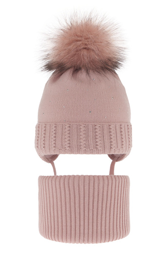 Ensemble d'hiver fille: bonnet et snood, rose, avec pompon, Renia