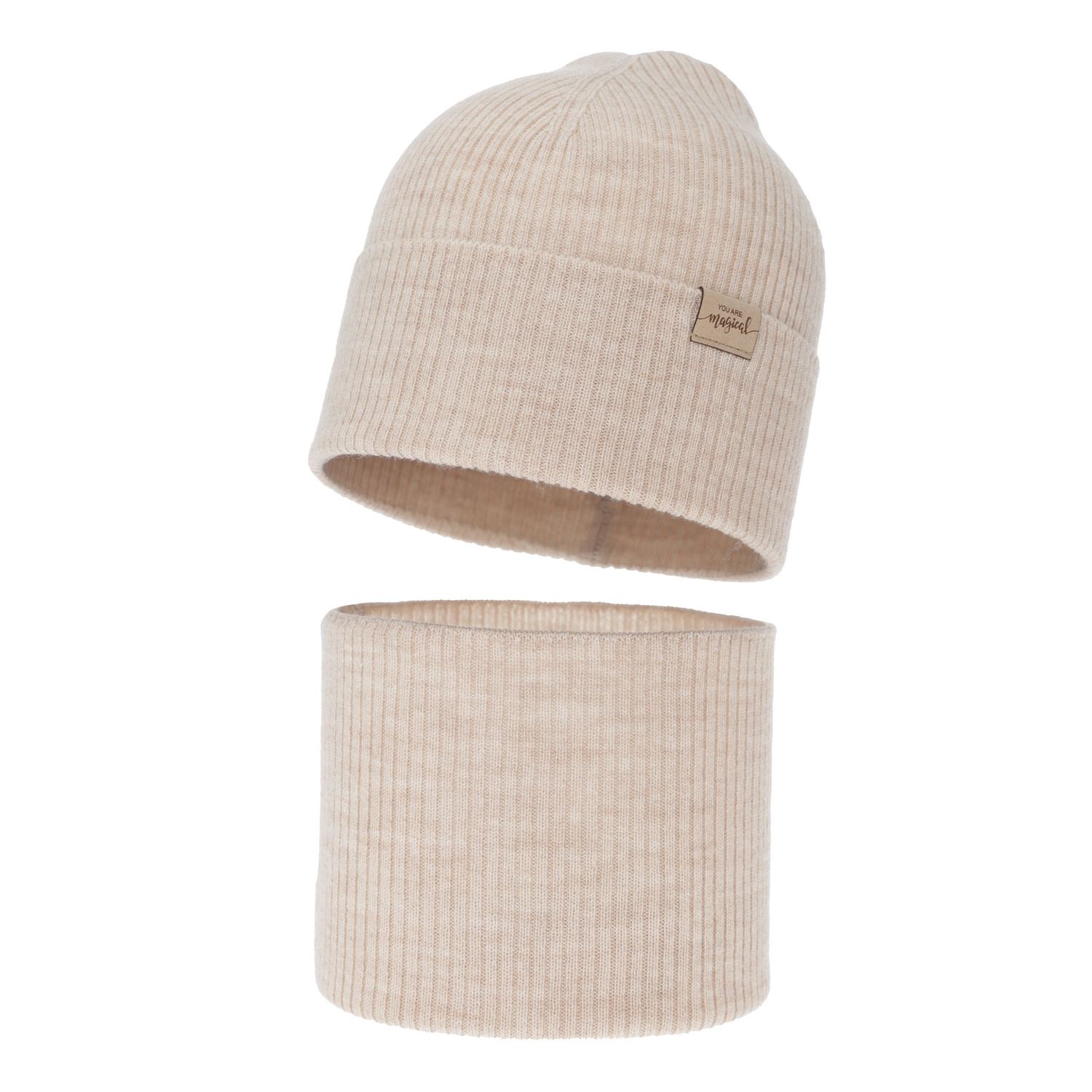 Meisjes herfst/lente set (muts en buissjaal), kremowy, 100% Merino Wol, Magenta