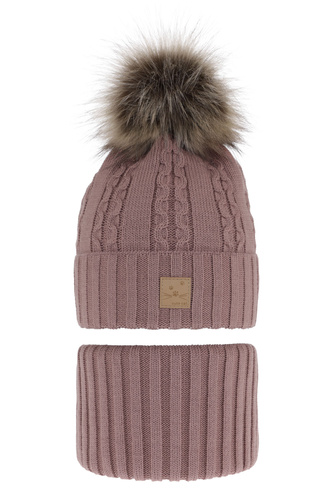 Ensemble d'hiver fille: bonnet et snood, violet, avec pompon, Alexia