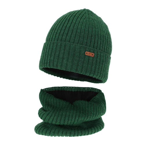 Ensemble d'hiver garçon: bonnet et snood, vert, avec laine mérinos, doublé de polaire, Palermo