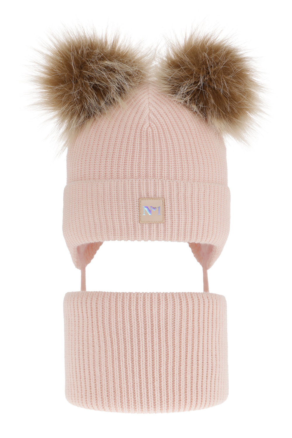 Ensemble d'hiver fille: bonnet et snood, rose, avec deux pompons, avec liens, Kiara