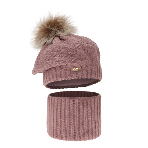 Ensemble d'hiver fille: bonnet et snood, violet, avec pompon, Atene