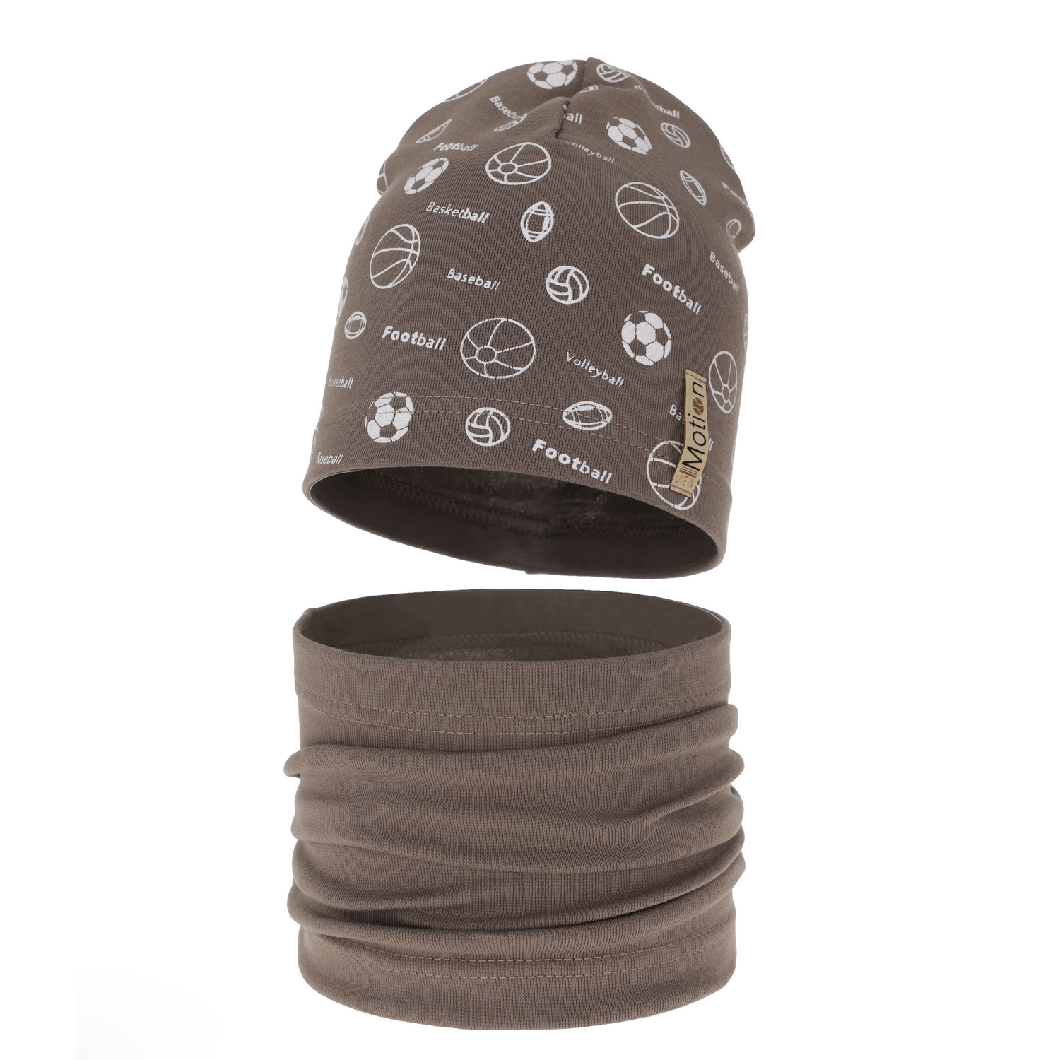 Ensemble automne/printemps garçon: bonnet et snood, brun, en coton, Paolo