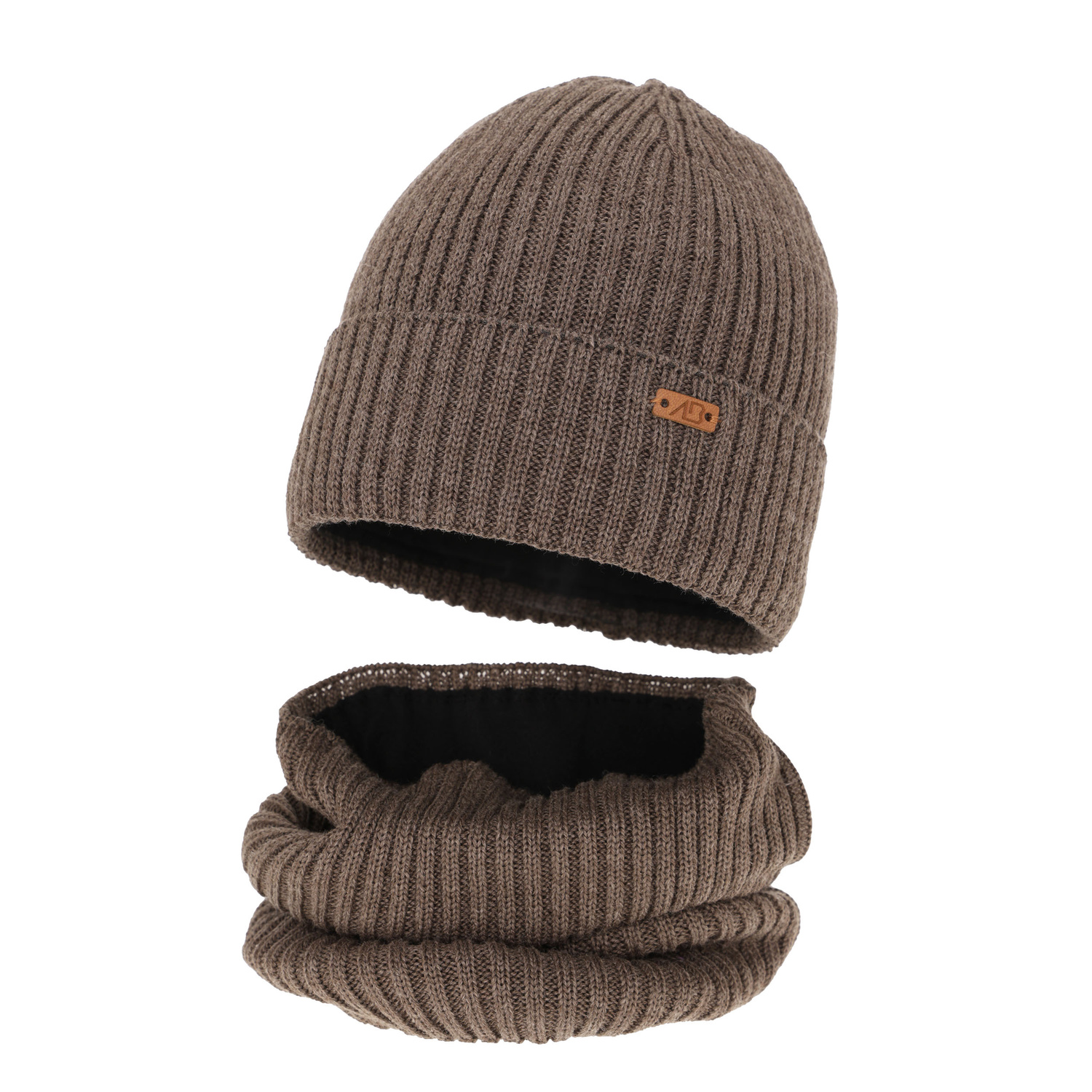 Ensemble d'hiver garçon: bonnet et snood, brun, avec laine mérinos, doublé de polaire, Palermo