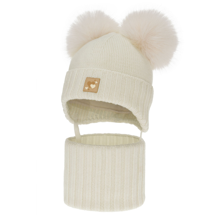 Meisjes muts en col, winter set, crème, 100% merinowol, gevoerd met wollen fleece, Ronia