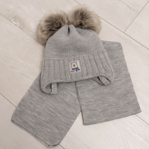 Ensemble d'hiver garçon: bonnet et écharpe, camel, avec deux pompons, Jewel