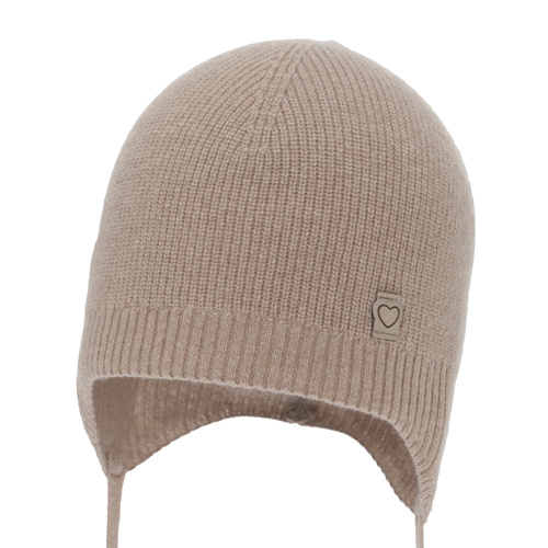 Meisjes herfst/lente muts, donkerbeige, met merinowol en kasjmier, met bindkoorden, Orida
